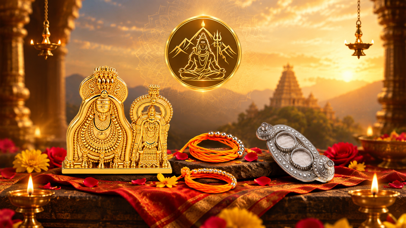 Golden deity statues, sacred threads and an ornate silver box arranged before a temple at sunrise