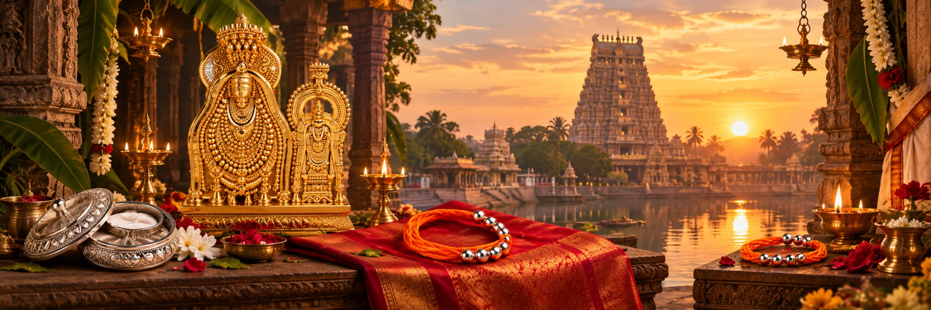 A temple altar at sunrise with golden idols, lit brass lamps, sacred threads and gopurams reflected in the water